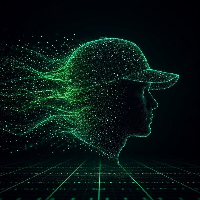 CapBro mascot: a figure in a ball cap made of glowing data over a football field